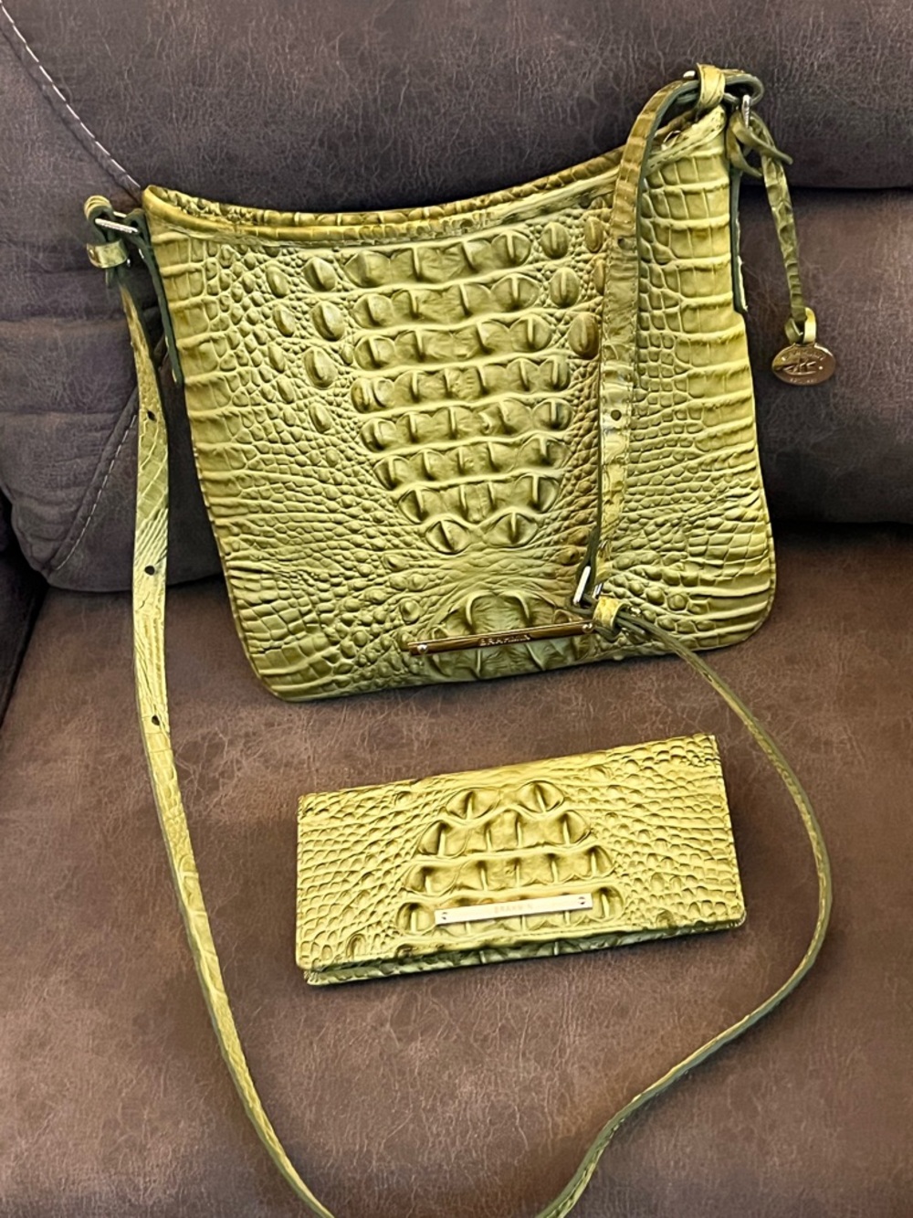 Brahmin Olive Green Croc-Embossed Leather Crossbody with Matching Wallet